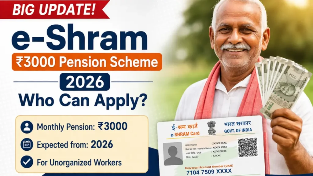 Big update e Shram pension scheme 2026 with ₹3000 monthly benefit for unorganized workers in India