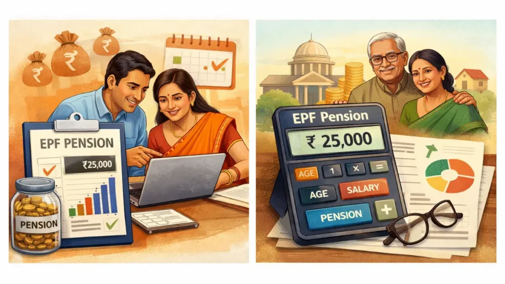 EPF pension calculator showing estimated amount with elderly Indian couple and financial planning background