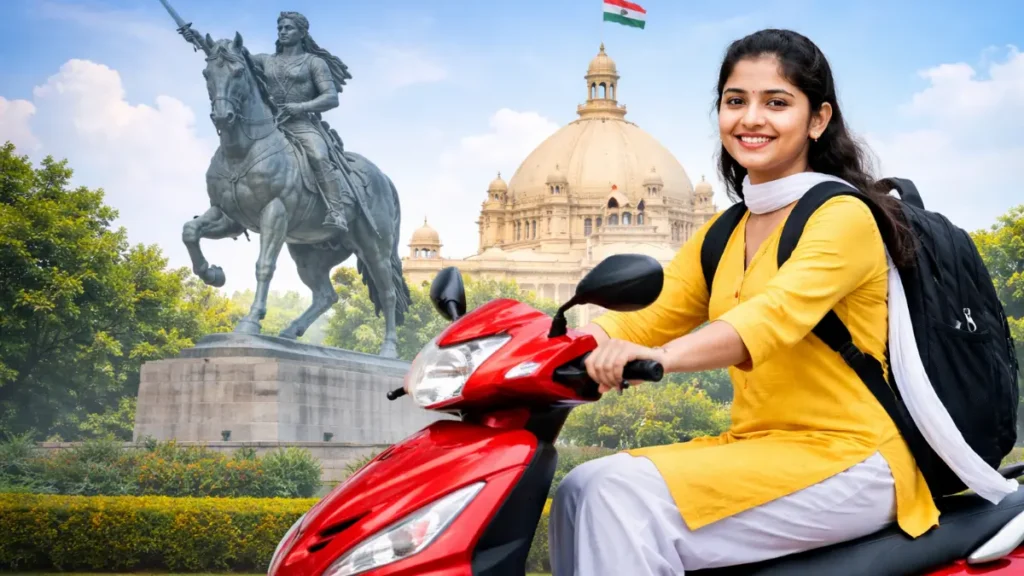Smiling Indian college girl sitting on a scooter with backpack, Rani Laxmibai statue and Uttar Pradesh Vidhan Bhavan in the background, symbolizing women empowerment and student mobility.