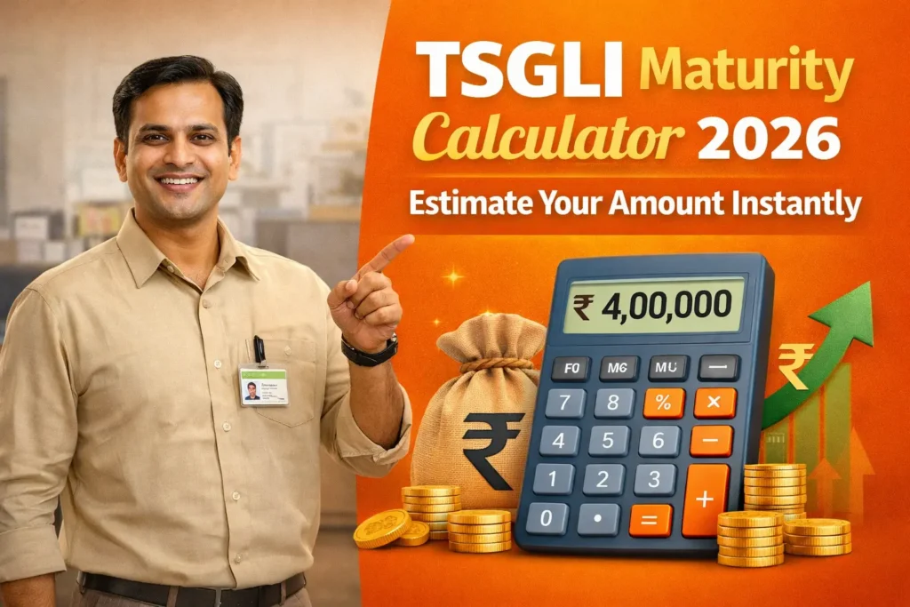 TSGLI maturity calculator 2026 image showing Indian government employee with calculator displaying ₹400000, money bag and growth arrow