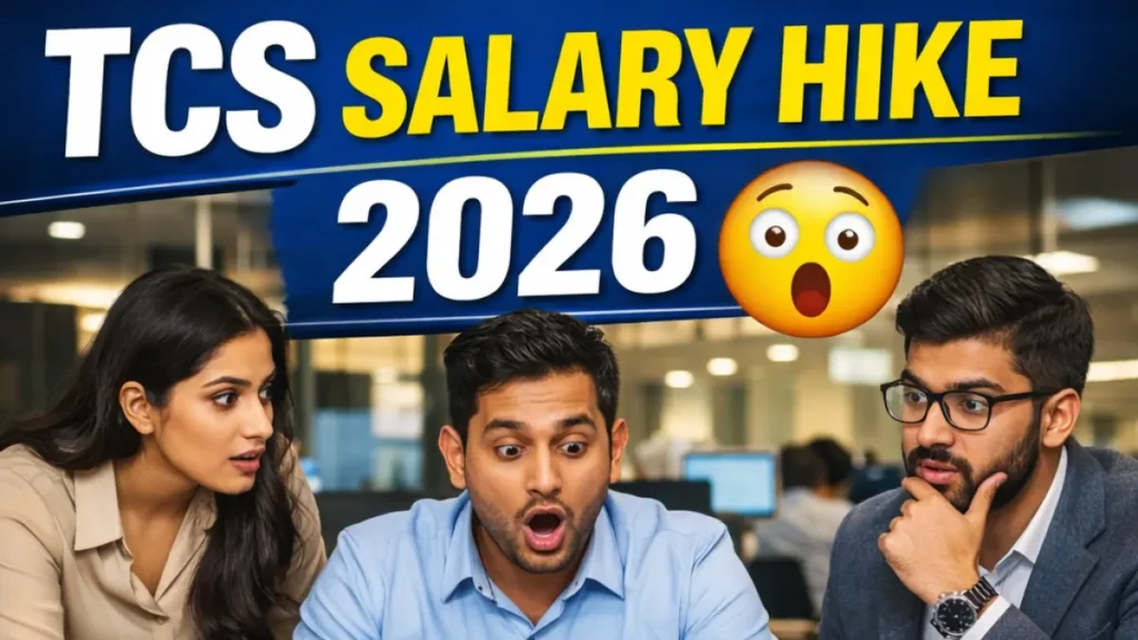 TCS salary hike 2026 thumbnail with bold text and 3 employyees