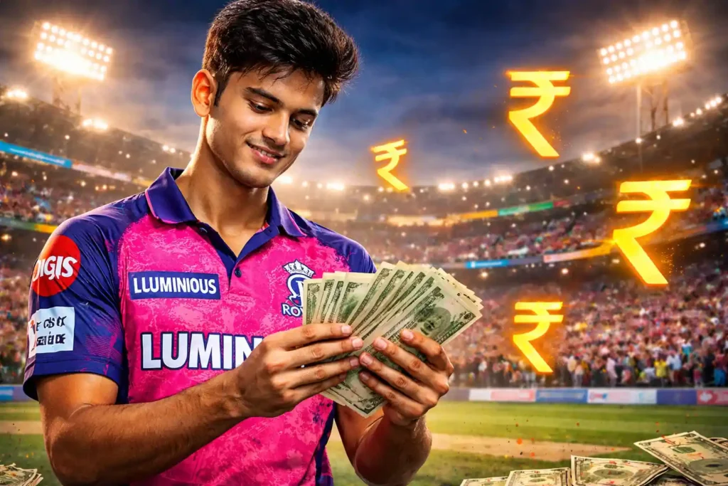“Rajasthan Royals player counting money with glowing rupee icons, IPL earnings 2026 visual”